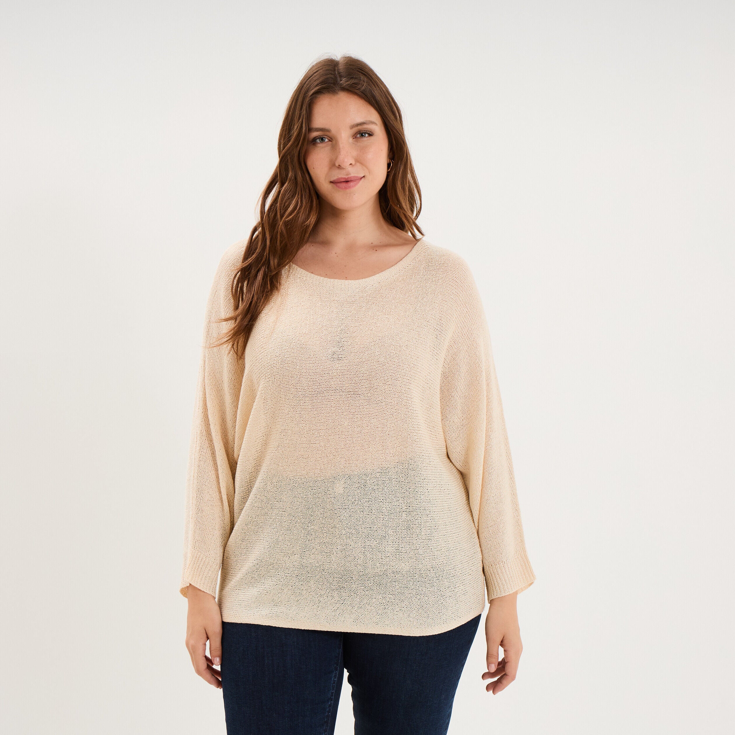 Pull manches longues col rond beige femme grande taille LH