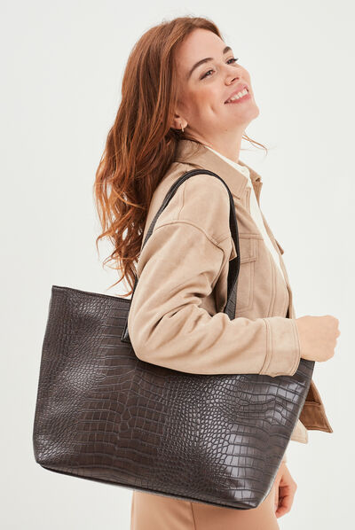 Sac cabas texturé marron foncé femme