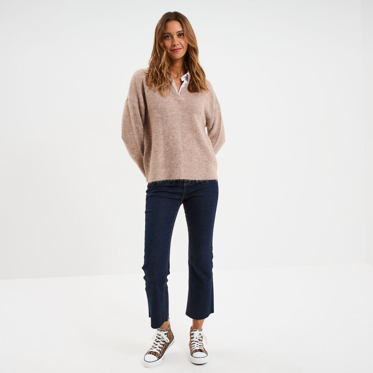 Pull 2-en-1 col chemise manches longues beige femme