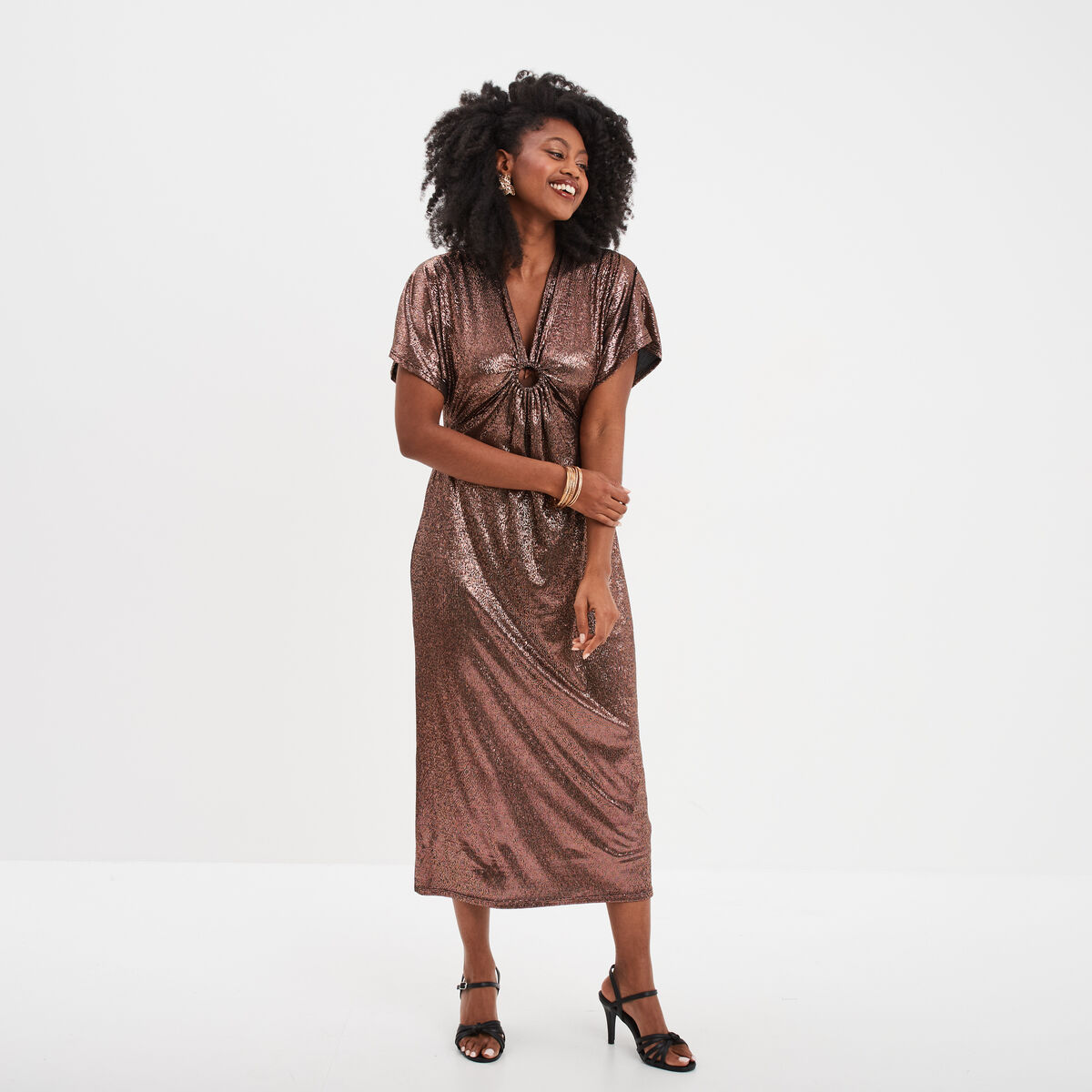 Robe évasée midi dos et col en V terracotta femme