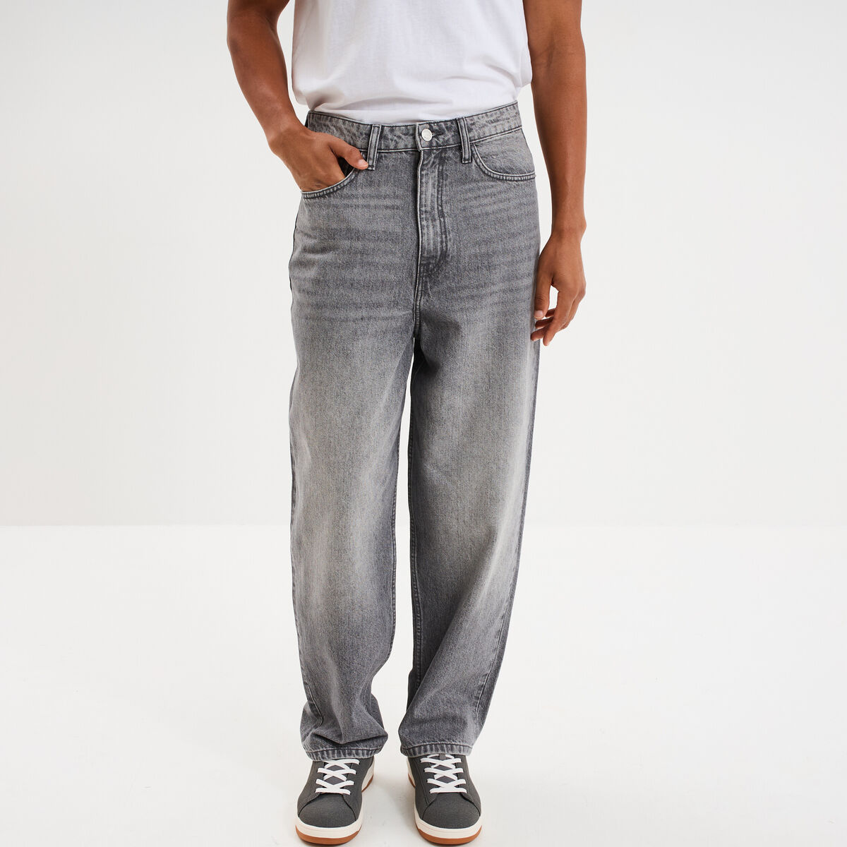 Jeans baggy 5 poches coton denim gris homme