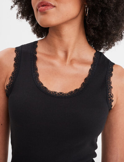Débardeur coton bords dentelle noir femme