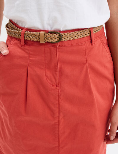 Jupe chino droite ceinture tressée rouge corail femme