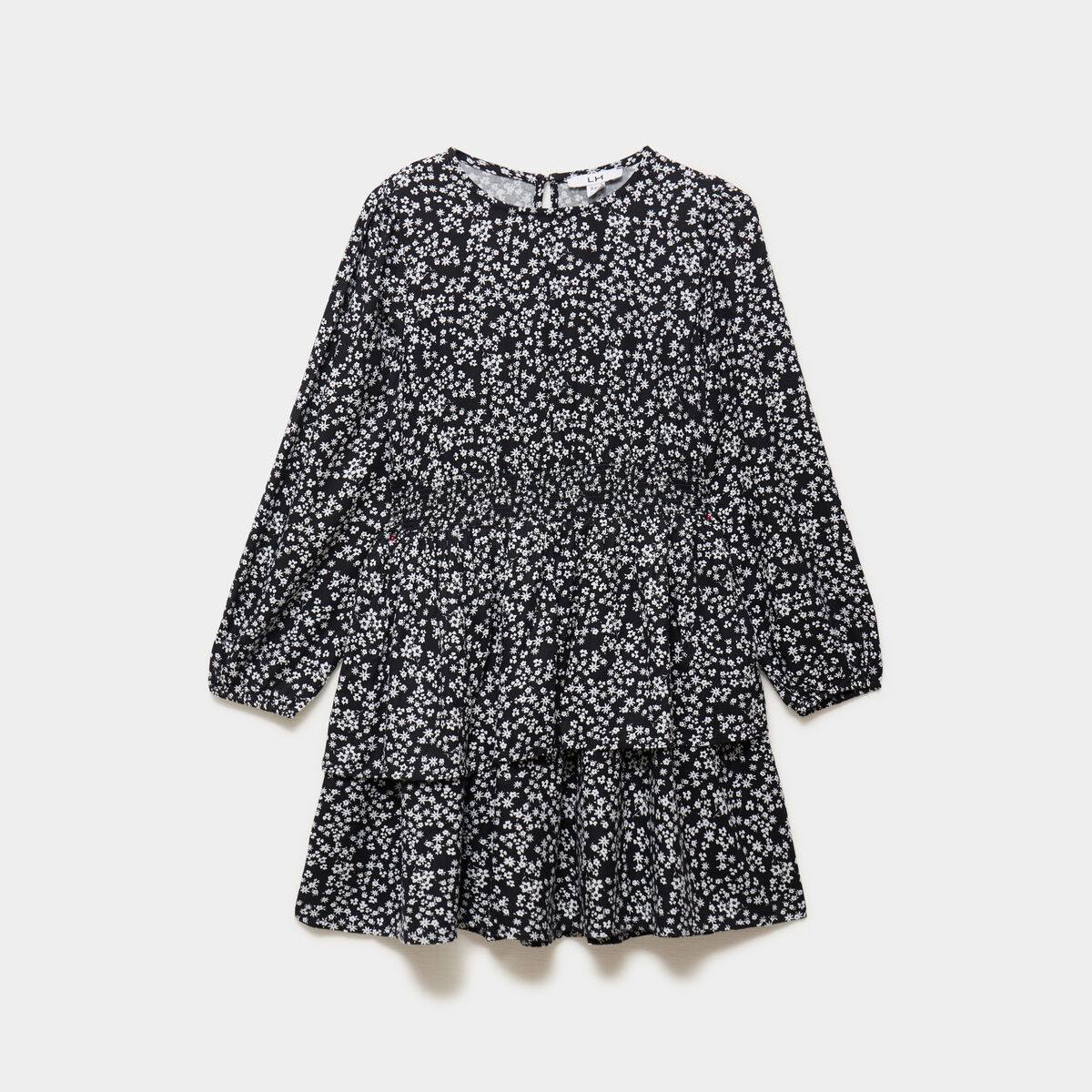 Robe courte patineuse &agrave; volants smock&eacute;e noir fille