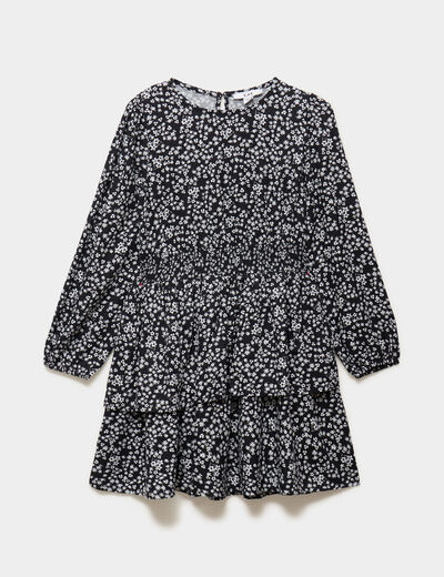 Robe courte patineuse &agrave; volants smock&eacute;e noir fille