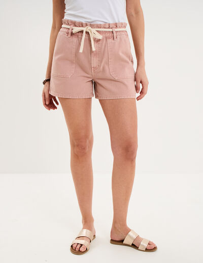 Short mom ceinture cordon coton rose poudr&eacute;e femme