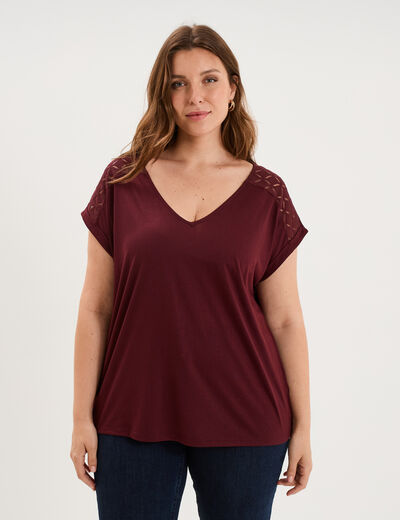 T-shirt droit avec dos dentelle oversize violet fonc&eacute; femme grande taille