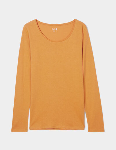 T-shirt coton col rond manches longues jaune moutarde femme