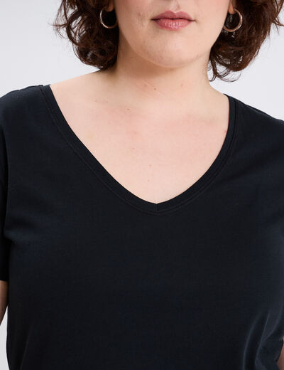 T-shirt col en V manches courtes coton noir femme grande taille