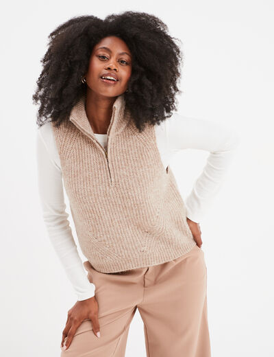 Pull col camionneur sans manches beige femme