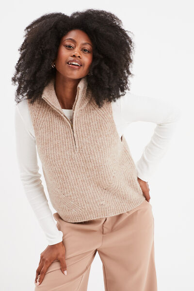 Pull col camionneur sans manches beige femme