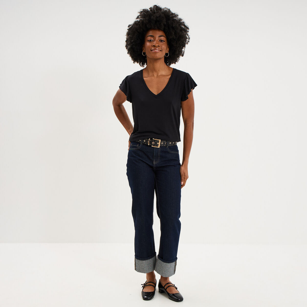 T-shirt droit manches courtes &agrave; volants noir femme