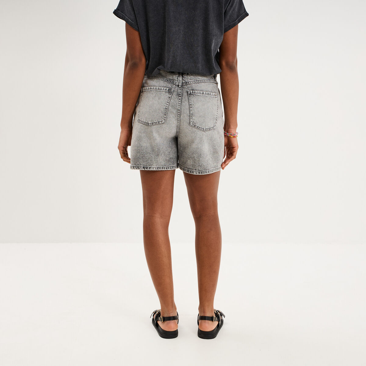 Short mom en jean 5 poches denim gris clair femme