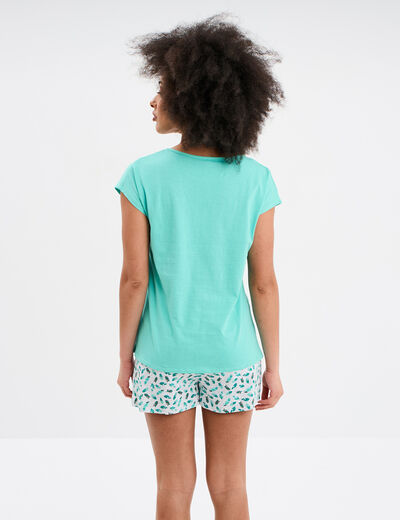 Ensemble pyjama short et t-shirt coton bleu turquoise femme