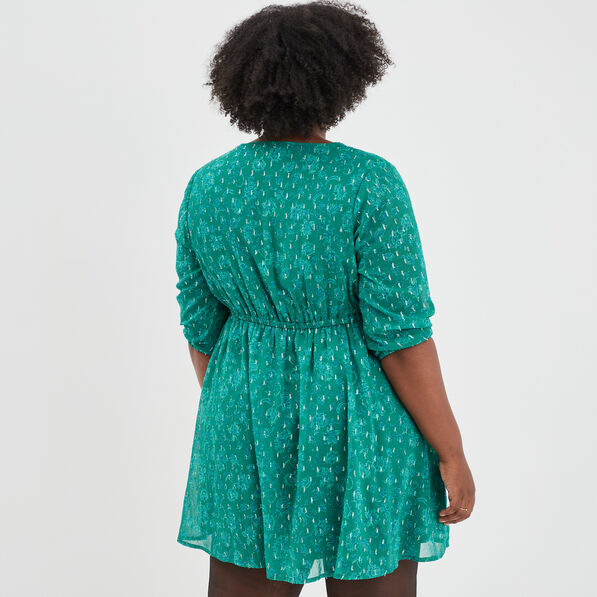 Robe patineuse fils métallisés col en V vert femme grande taille