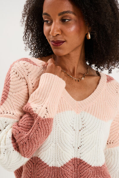 Pull col V ajour&eacute; manches longues rose clair femme