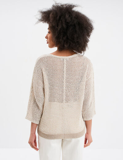Pull ajouré effet crochet manches 3/4 beige femme