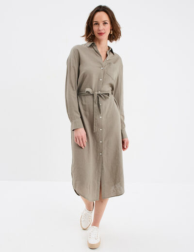 Robe chemise mélange lin vert kaki femme