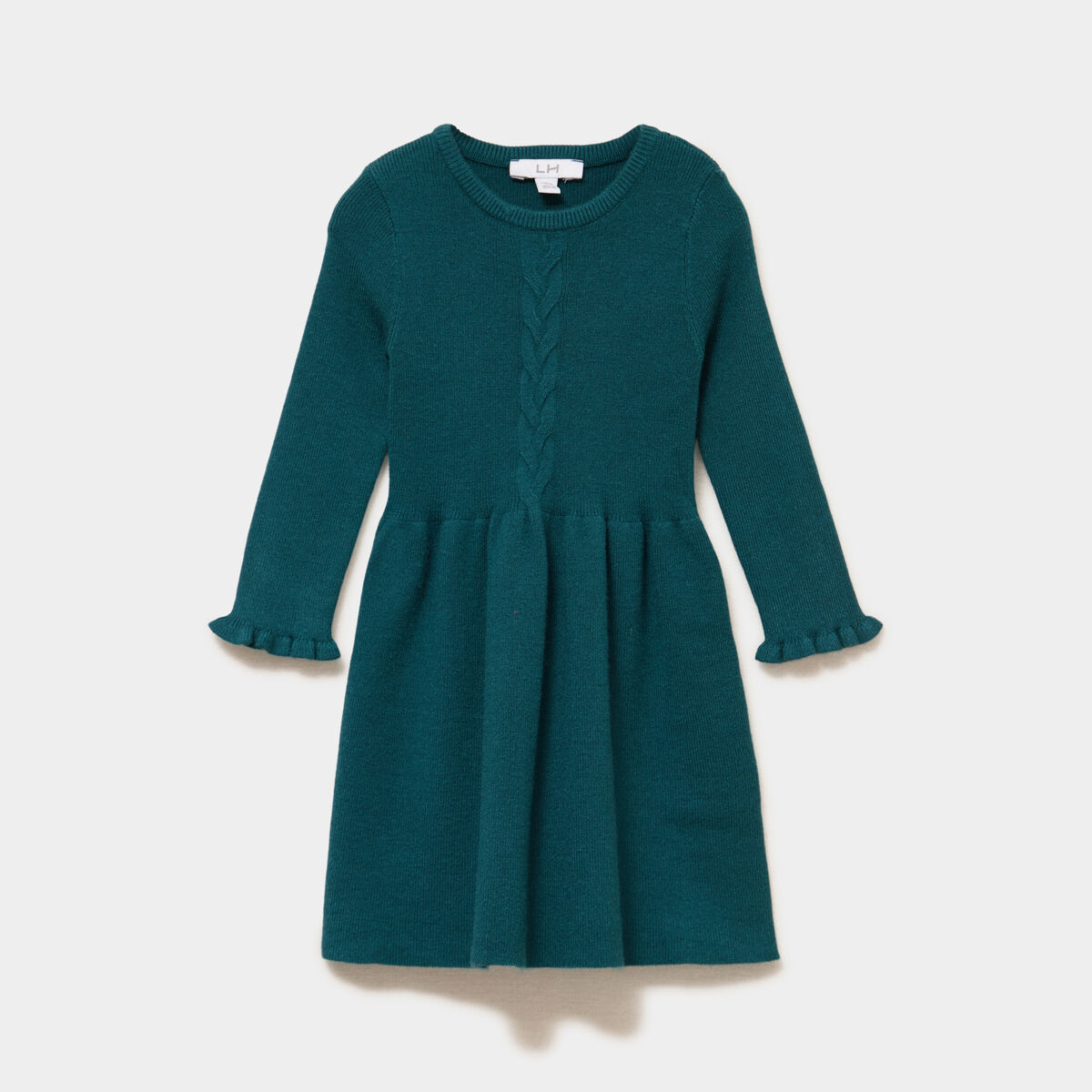 Robe tricot &eacute;vas&eacute;e manches longues vert canard b&eacute;b&eacute; fille