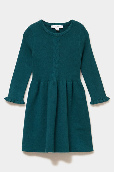 Robe tricot &eacute;vas&eacute;e manches longues vert canard b&eacute;b&eacute; fille