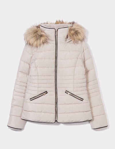 Doudoune courte cintrée à capuche beige femme
