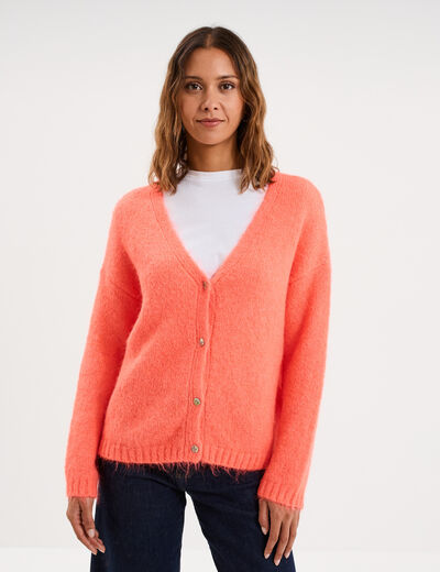 Gilet col en V manches longues rose fluo femme