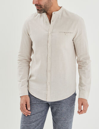 Chemise col mao lin mélangé gris clair homme