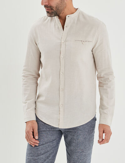 Chemise col mao lin mélangé gris clair homme