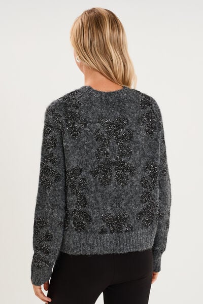 Pull col rond &agrave; sequins gris fonc&eacute; femme