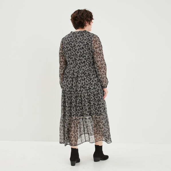 Robe longue évasée manches longues noir femme grande taille