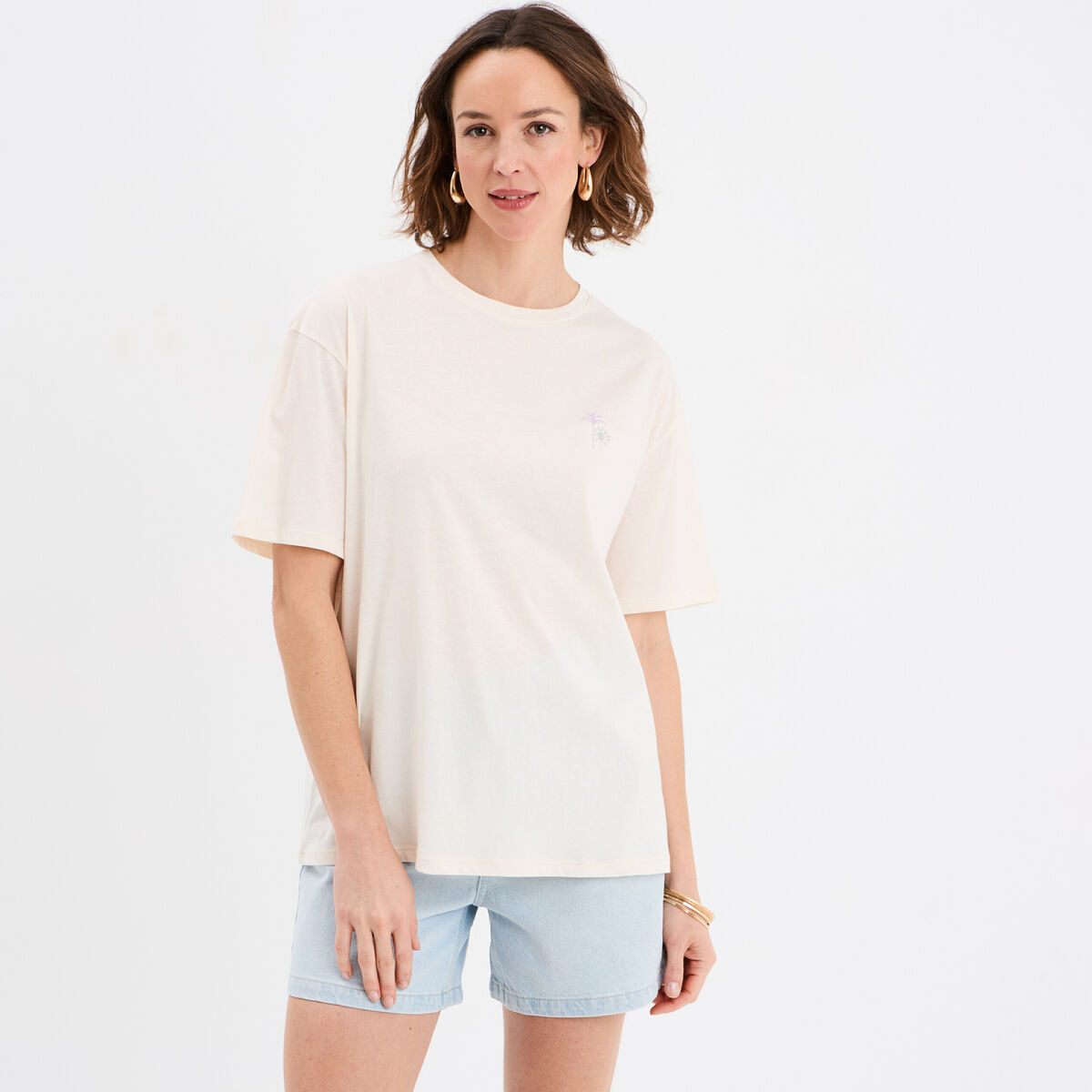 T-shirt col rond manches courtes coton ecru femme