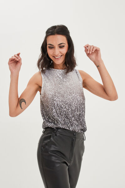 Débardeur sans manches à sequins gris argent femme