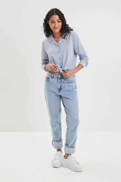 Chemise cropped manches longues nouée bleu ciel femme