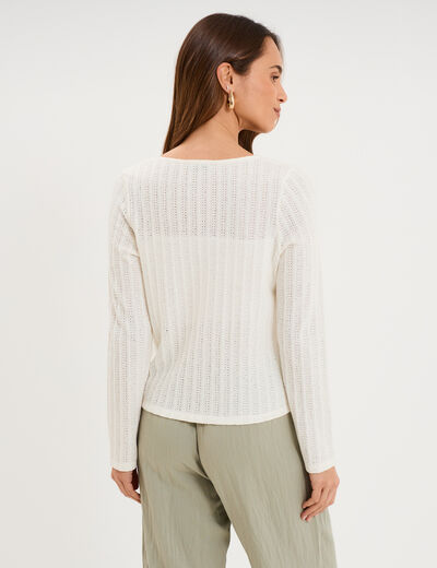 T-shirt ajour&eacute; avec noeud devant ecru femme