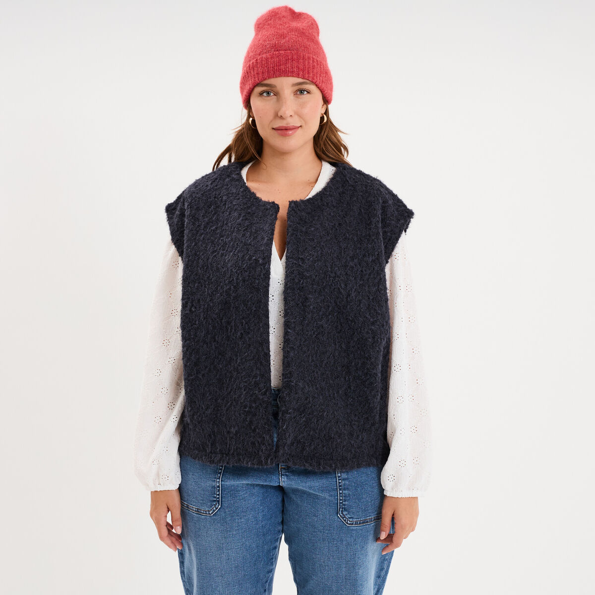Veste droite sans manches bouclette bleu marine femme grande taille