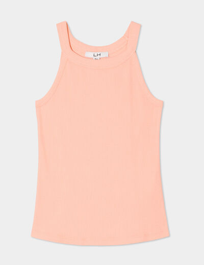 Débardeur côtelé col rond coton rose saumon fille