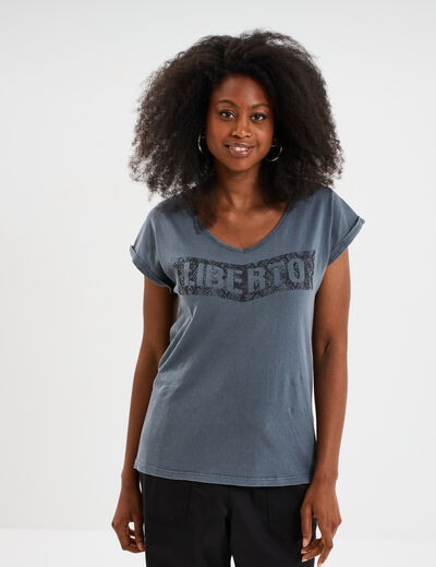 T-shirt d&eacute;lav&eacute; en coton gris femme