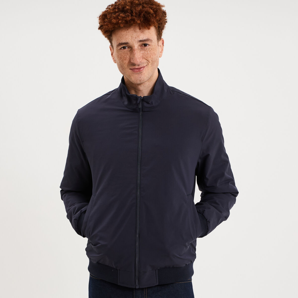 Blouson d&eacute;perlant col montant bleu fonc&eacute; homme