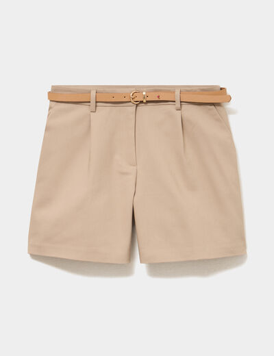 Short chino large taille haute ceintur&eacute; marron femme