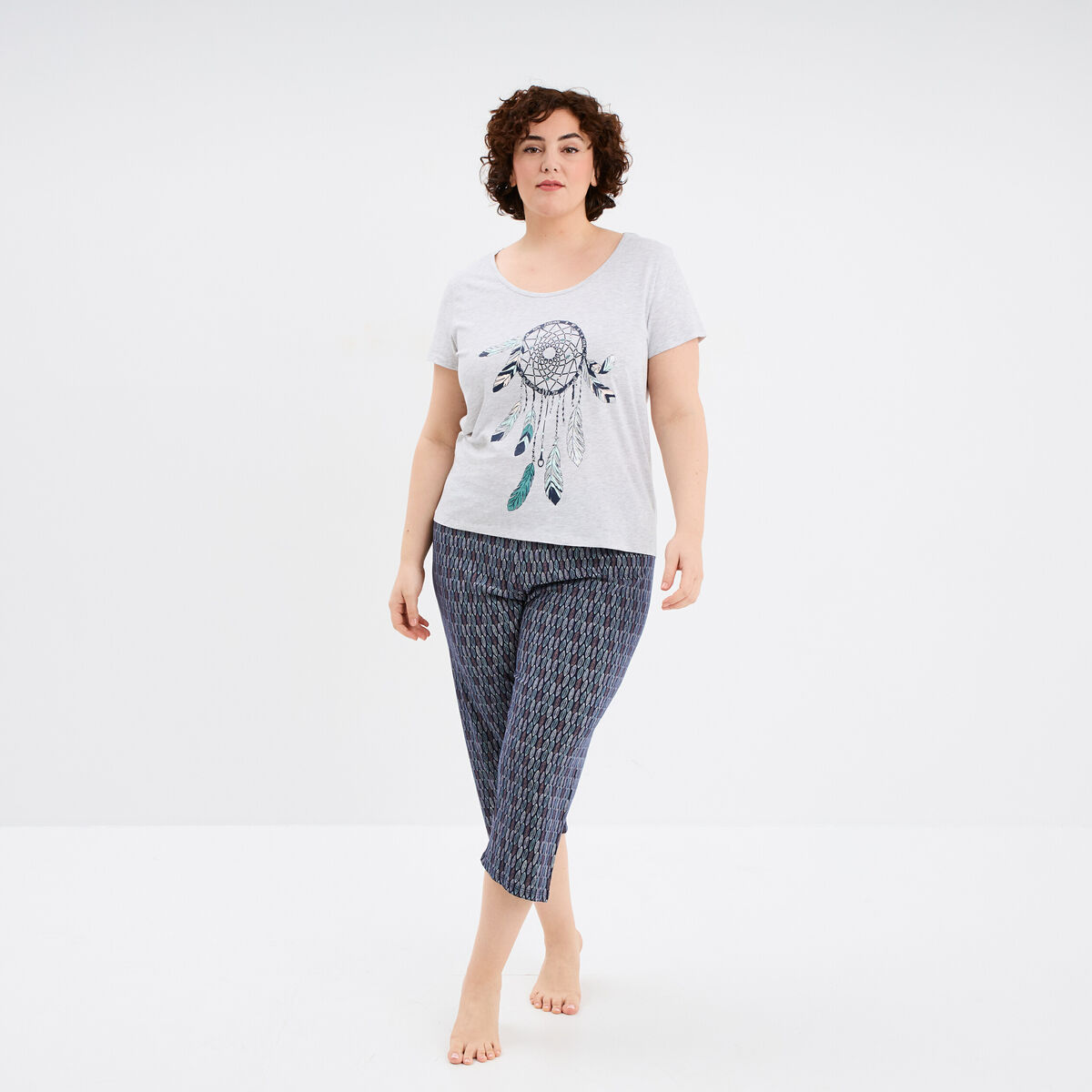 Ensemble pyjama corsaire 2 pi&egrave;ces coton gris clair femme grande taille