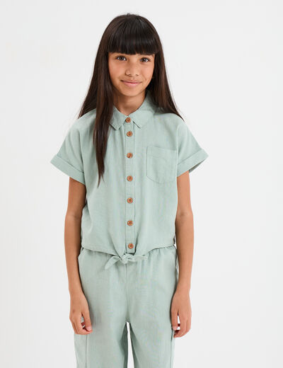 Chemise nouée manches courtes en lin vert pastel fille