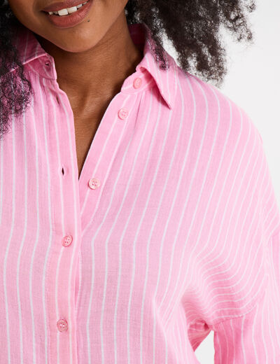 Robe chemise manches 3/4 gaze de coton rose vif femme