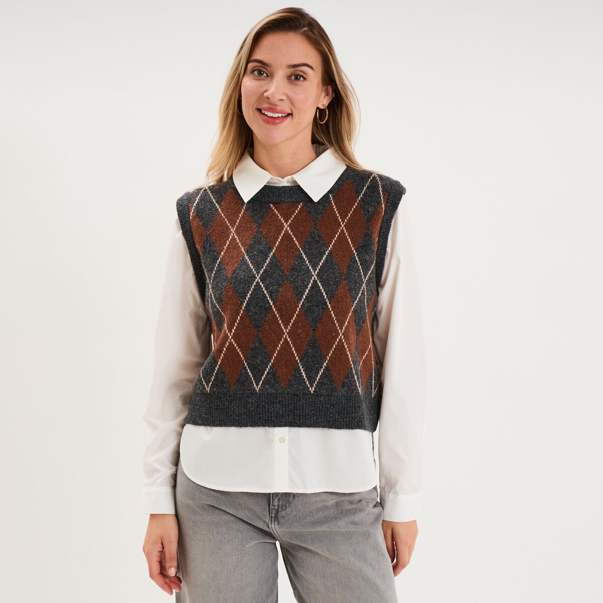 Pull 2-en-1 col chemise gris anthracite femme