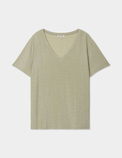 T-shirt col en V fils métallisés vert clair femme grande taille