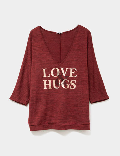 Pull manches 3/4 chauve-souris col V bordeaux femme grande taille