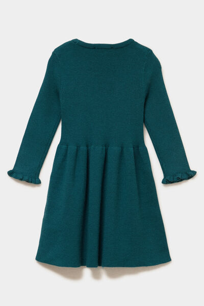 Robe tricot &eacute;vas&eacute;e manches longues vert canard b&eacute;b&eacute; fille