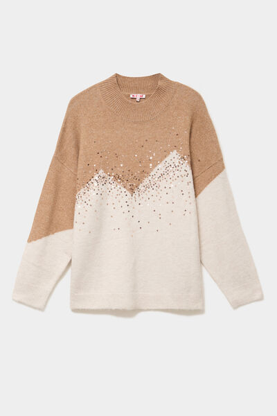 Pull col montant &agrave; sequins oversize beige femme grande taille