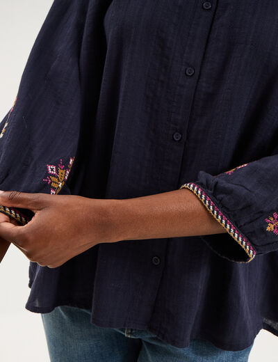 Blouse brod&eacute;e oversize manches 3/4 bleu fonc&eacute; femme