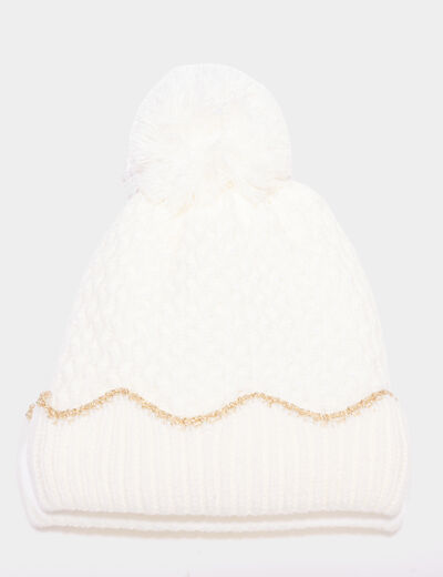 Ensemble tricoté bonnet et moufles ivoire bébé fille