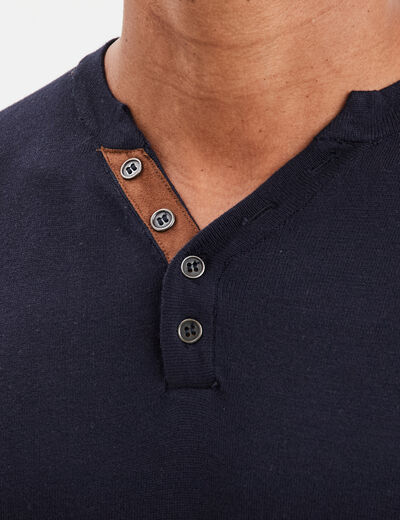 Pull col tunisien manches longues bleu marine homme